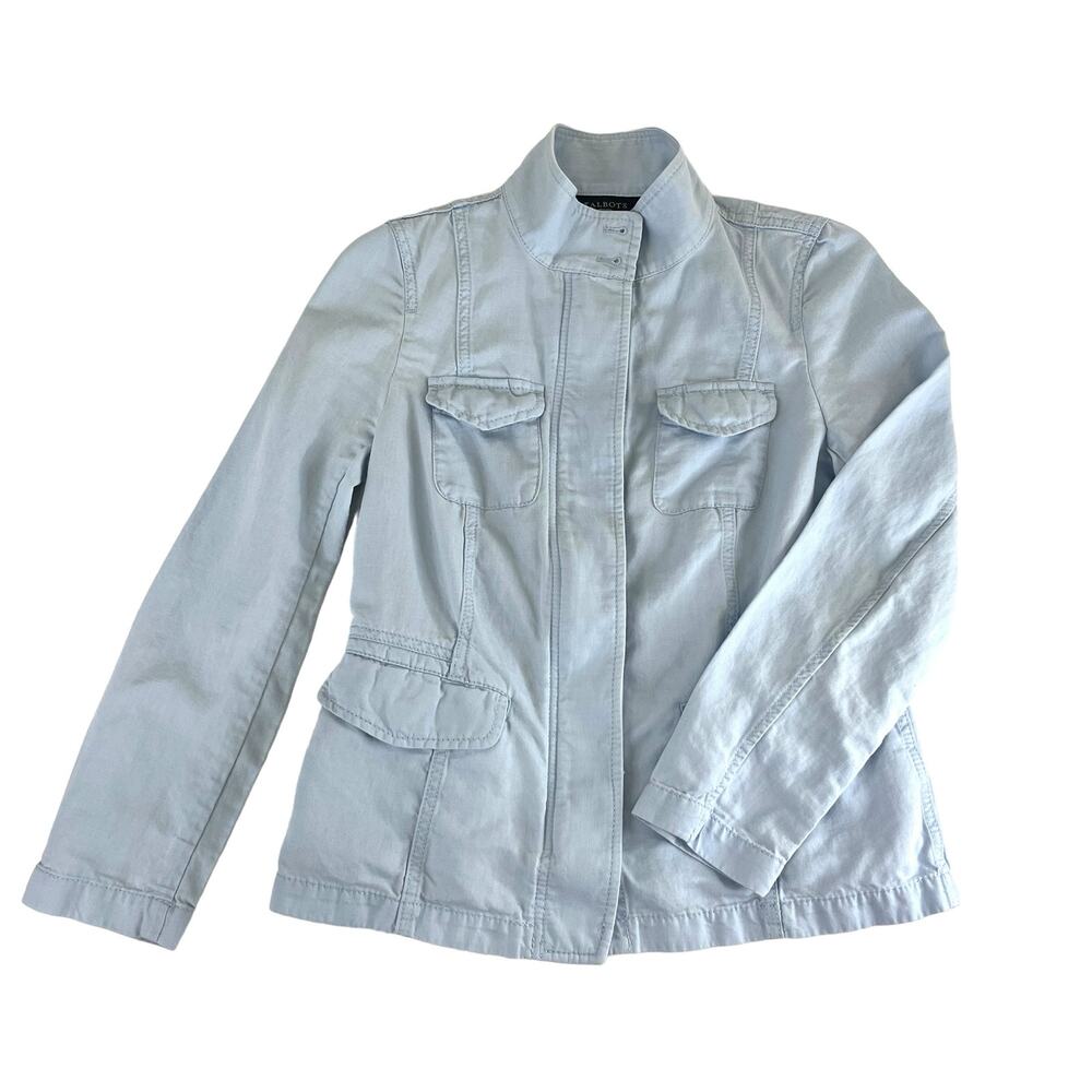 Talbots Utility Jacket Women’s Petite Size 2 Light Blue Tab Collar Pockets